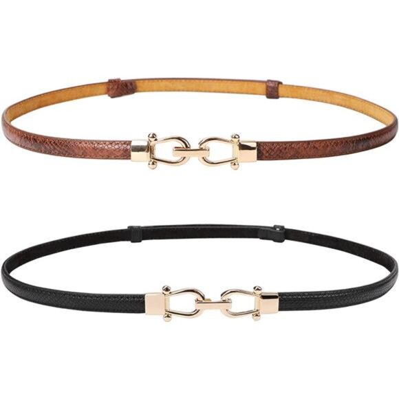 Leather Women Belt Thin Waist Belts up to 37 Inches with Golden Buckle 2 Pack - Picture 1 of 7